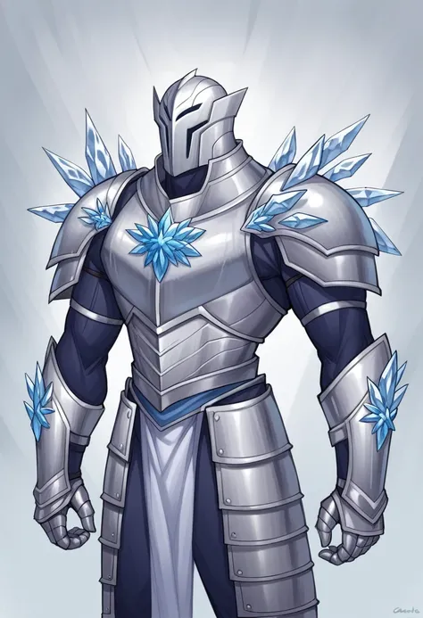 Close-up of a cartoon character dressed in white and blue, Silver ice-colored reflective armor, Ice Crystal Armor, ice lord, covered in full Silver Armor, With the power of ice, with sleek Silver Armor, master of ice, Matte White Ice Color Armor, This char...