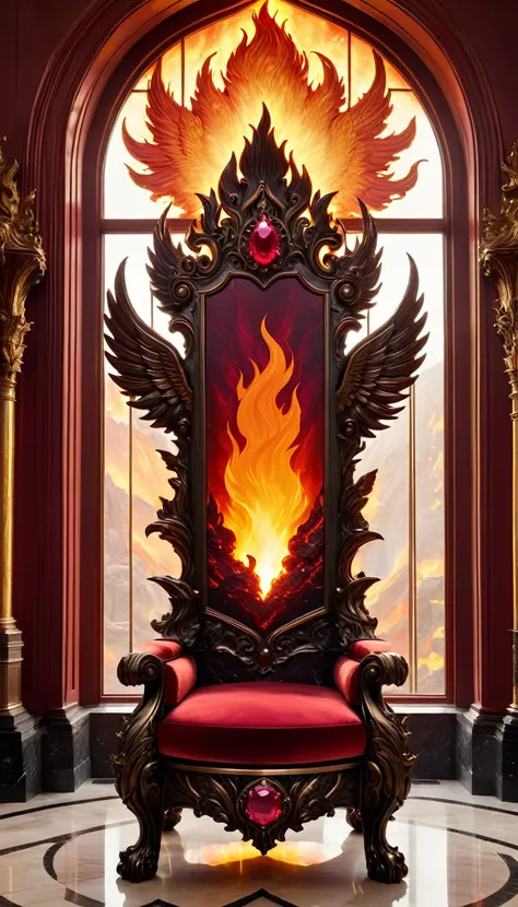 A fiery throne that radiates warmth and power. The frame is made of bronze, shaped like roaring flames. The backrest is adorned with rubies and garnets, creating a blazing effect. The armrests are sculpted to resemble phoenix wings. The throne is situated ...