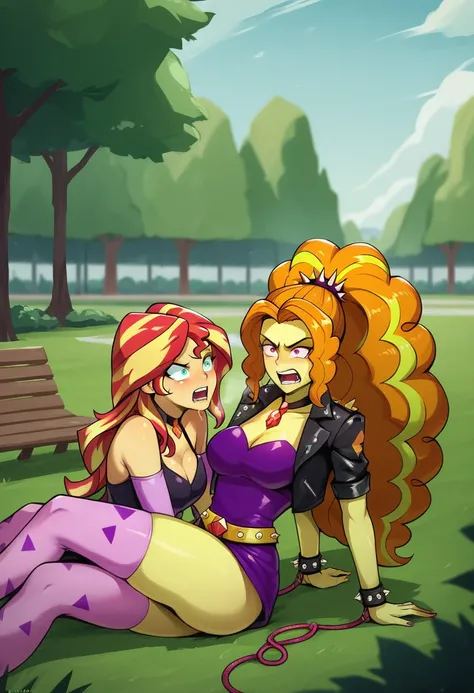 ((High Quality Image 10k)) ((Perfect Autonomy 10k)) Masterpiece, Adagio Dazzle is facesitting on Sunset Shimmers face at the park, Adagio Dazzle and sunset Shimmer Equestria Girls, Sunset Shimmer is restraint with rope and also is screaming and struggling ...