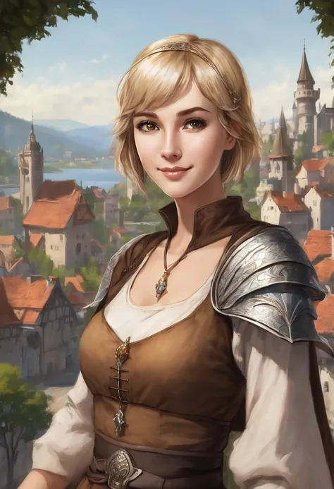 1 female woman, beatuiful face, fantasy, young adult years, she is wearing brown cheap medieval clothes, she has blond short bobcut hair, she has grey eyes, she is smiling, town in the background, fantasy, she has one angelic big wing white, very flat ches...