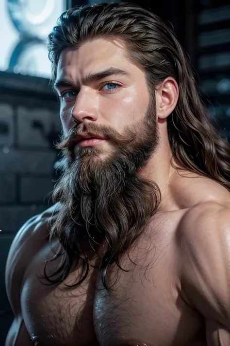 Beautiful muscle god blue eyes beard long curly hair in the ice