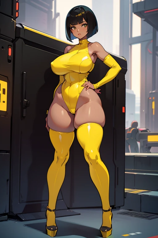 young woman, thick hips, thick thighs, platform heels, yellow high cut leotard, very huge breast, thin waist, Bob cut hair, Brown skin, very Big thighs, sleves, shoulderless, stockings, standing, front pose cyberpunk,