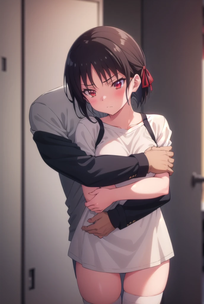 nsfw,suzune horikita, 1girl,1boy,(Red eyes:1.3),locker room,cowboy shot,(Medium chest),Hair Ribbon,naked,(( hug from behind)),Black thigh-high socks,short hair