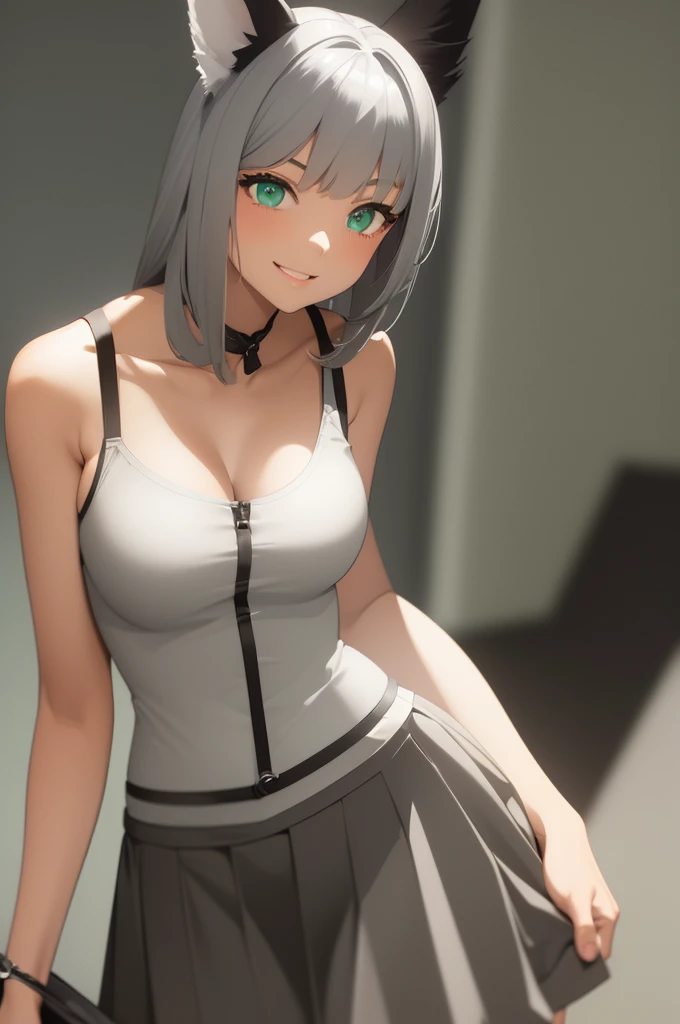 (masterpiece, best quality:1.2), upper body, one girl, ((asymmetrical bangs)), dark skin, grey fox ears, (silver wave hair), green eyes, smile, sleeveless, (grey tight skirt), orange corset, no background,