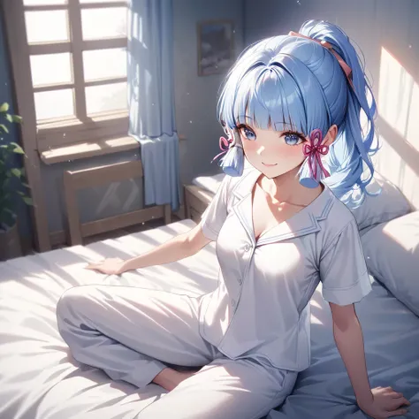 Ayaka,((blue hair)), elf,Beautiful face,smile, fit the body, medium breast,sitting on the bed,Wear white pajamas,illustration,detailed texture,very detailed(realistic),vertical style,bright colors,soft light.