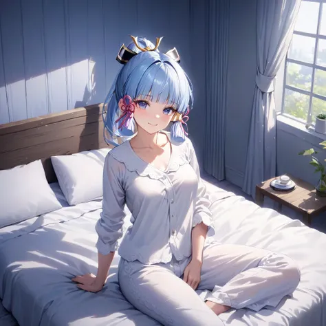 ayaka,((blue hair)), elf,beautiful face,smile, fit the body, medium breast,sitting on the bed,wear white pajamas,illustration,de...