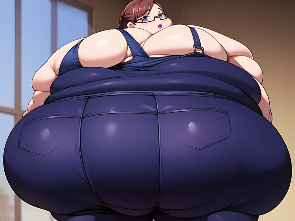 Anime Women, Adult female、Detailed face、amount、amount、Braided Pigtails、Long Hair、Glasses、Sharp eyes、Thick lips、Purple Lipstick、Painted lips、Very fat、Chubby、obesity、obesity体、Double chin、Cheek、Thick neck、Big Breasts、Saggy breasts、Thick upper arms、Thick arms、...