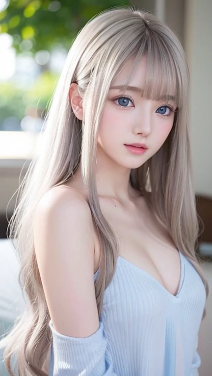 silver shiny hair、Super long straight silky hair、Dazzling blonde super long silky hair、16 years old cute little beautiful face、A beautiful girl、Sparkling blonde dancing in front of a pretty face、Long, silky bangs that cover the space between the eyes、Very ...