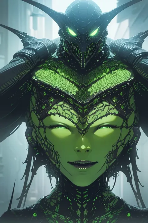 a monstrous green skinned alien witch, dark and necrotic skin, futuristic and cyberpunk accessories, (best quality,4k,8k,highres,masterpiece:1.2),ultra-detailed,(realistic,photorealistic,photo-realistic:1.37),hyper detailed, intricate details, extreme deta...