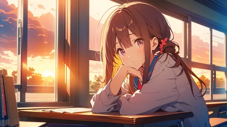 bangs, Long Hair, Hair above the eyes, Lost in Thought, Side Ponytail, Anime Style, 超High resolution, masterpiece, Textured skin, High resolution, Highest quality, A high school girl rests her chin on the desk while opening her notebook in the library, in ...