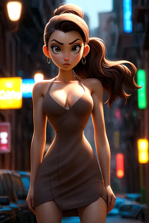 (Best Quality, 1 girl, full body shot, standing, wearing a short dress,bare breasts,  changing lighting, neon lights background, city street, Beautiful detailed eyes, dark brown hair, High ponytail)
