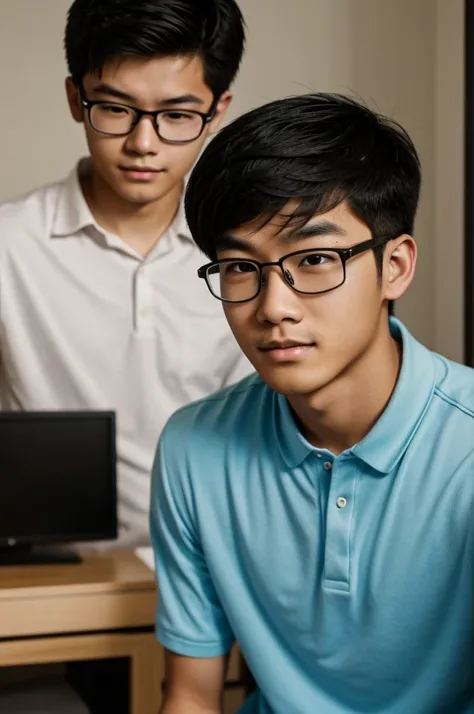 Asian-American boy, 16, with a big nose but attractive features, glasses