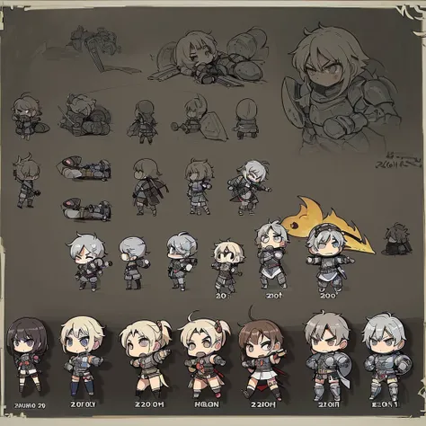 ((((Chibi Character、Character Sheet))))、Highest quality, Best Quality,Best illustrationedieval Armor、Medieval Knight、Full grey armor、(((20-year-old male)))、Dramatic Angle、(battle)、battlefield、Movement angle、Grab the sword、wasteland、(Fighting stance)、Run、((...