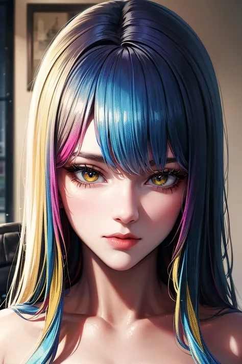 Multicolored Hair, Gradient Hair, Amber Eyes, High detail, Verism, Hyperrealism, modern art, Cinema Lighting, Shine, Wide Shot, debt/1.2, Highest quality, Awards, 8K, Super detailed, Ultra-high resolution