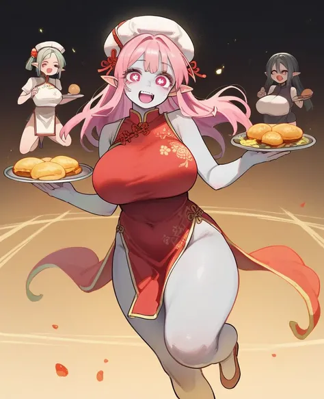 NSFW,whole body,Full Art,One Girl,girl(Elf,Zombie Girl,Grey Skin,,Pink Hair,Long Straight Hair,Pink Eyes,Sparkling Eyes,white hunting hat,China dress,Big Breasts,giant breasts,Provocative smile,Big Thighs,Brat),Chinese Kitchen,Holding a tray of food,runnin...