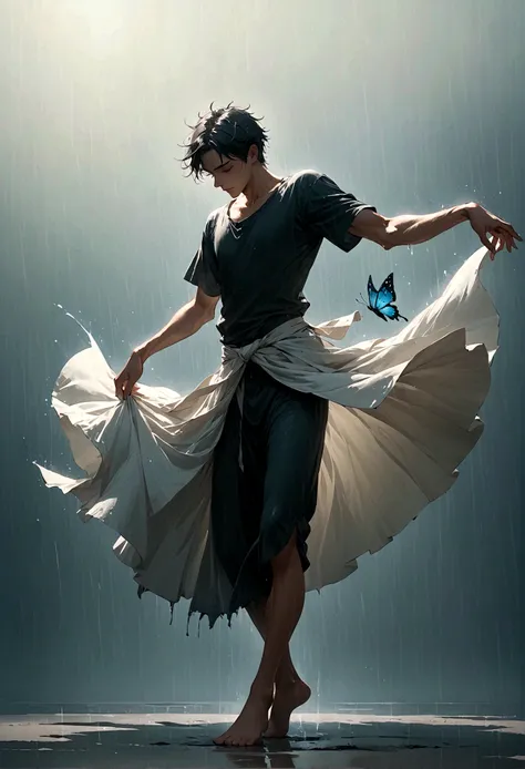 Soul Dancer Mark,A homeless man dancing alone in the rain，soul，Barefoot，Loose and worn clothes，Professional ballet movements，Fingertips 1 butterfly，Very contagious，Splash，Light and Shadow，Minimalism，artistic conception，Clean background