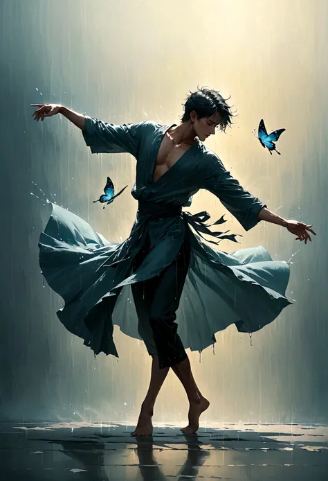 Soul Dancer Mark,A homeless man dancing alone in the rain，soul，Barefoot，Loose and worn clothes，Professional ballet movements，Fingertips 1 butterfly，Very contagious，Splash，Light and Shadow，Minimalism，artistic conception，Clean background