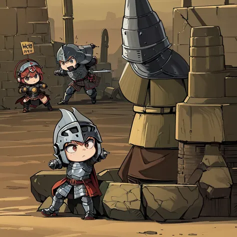 ((((Chibi Character))))、Highest quality, Best Quality,Best illustrations、(((Iron Helmet))),Medieval Armor、Medieval Knight、Full grey armor、(((20-year-old male)))、Dramatic Angle、(battle)、battlefield、Movement angle、Grab the sword、wasteland、(Fighting stance)、R...