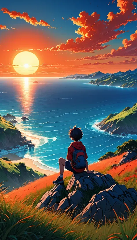 high quality, 8K Ultra HD, The image shows an anime boy looking out over the ocean at sunrise from a grassy hill, with a background of vibrant blue sky and red and orange hues of the sun. anime art wallpaper 4k, anime art wallpaper 4K, anime background, an...