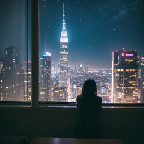 Alone　woman　Looking out the window at the night city　Resting one&#39;s chin on one&#39;s hand　Legs crossed　Black and green hair color　headphone　choker　Earrings　hoodie　Shorts　Punk Fashion　Detailed Background　masterpiece　Perfect human body　Accurate human bod...