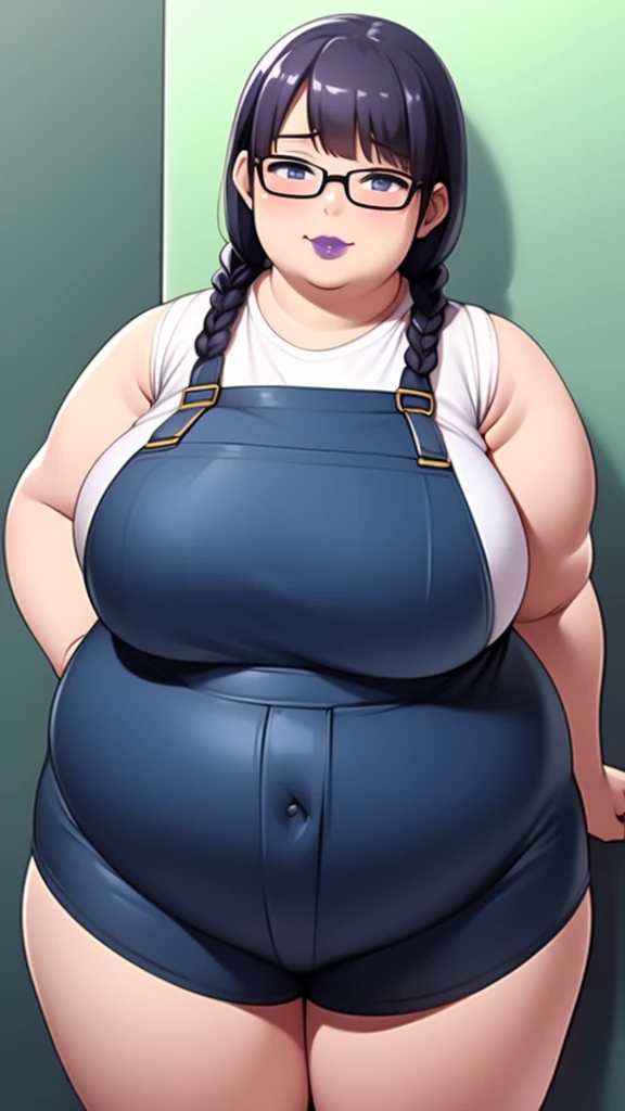 Anime Women, Adult female、Detailed face、amount、amount、Braided Pigtails、Long Hair、Glasses、Sharp eyes、Thick lips、Purple Lipstick、Painted lips、Very fat、Chubby、obesity、obesity体、Double chin、Cheek、Thick neck、Big Breasts、Saggy breasts、Thick upper arms、Thick arms、...