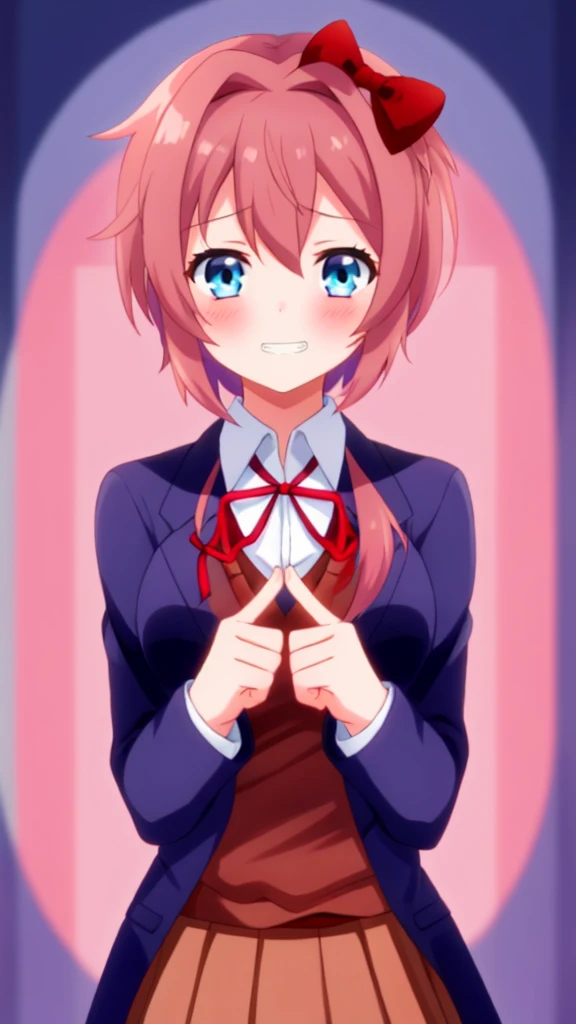 one girl, sayori, ddlc, doki doki literature club, hair bow, school blazer, light blue eyes, index fingers together, shy, blush,...