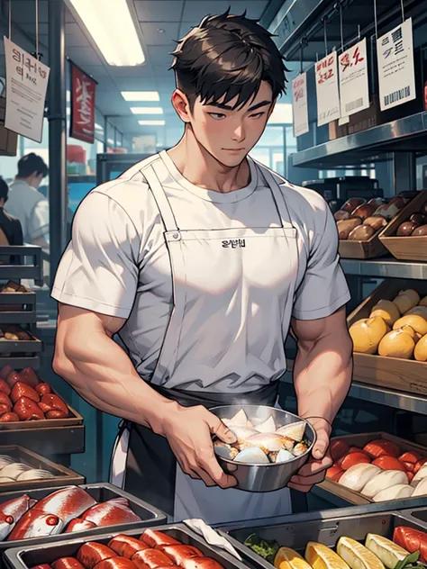 korean guy,men wear dark gray shining apron over white T-shirt, muscular and handsome,fish market