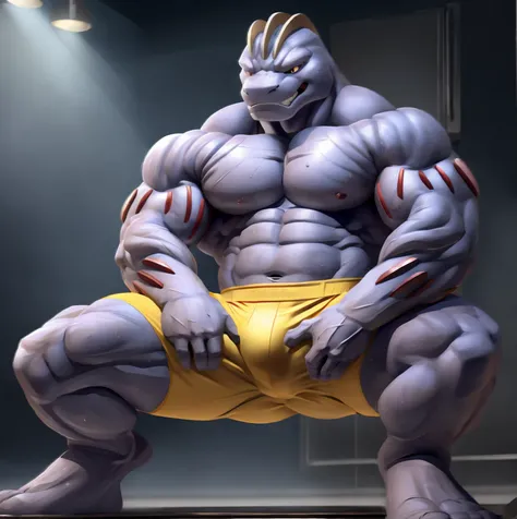 Machoke (Pokemon), Male machoke, spreading legs, looking at crotch, clenched teeth, yellow spandex pants, sweaty, squatting, hands on crotch, covering groin, grabbing crotch.