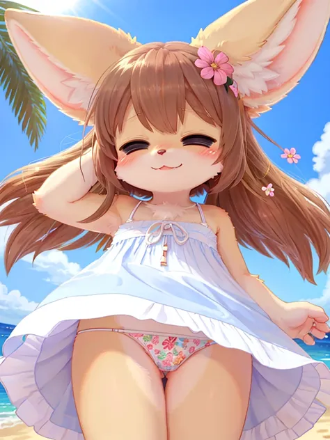 Fennec, young female, kemono, small arms and legs, cute, happy face, flowered dress, beach, standing, eyes closed, solo, up dress showing underwear, shy pose, close view, below view, ajusted underwear