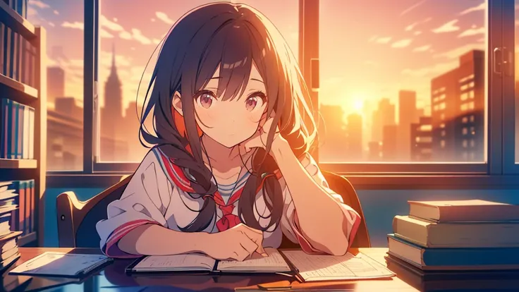 bangs, Long Hair, Hair above the eyes, Lost in Thought, Side Ponytail, Anime Style, 超High resolution, masterpiece, Textured skin, High resolution, Highest quality, A high school girl rests her chin on the desk while opening her notebook in the library, in ...