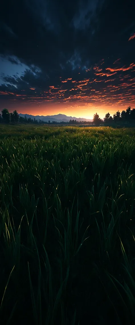 {{Masterpiece, Best Quality, Extremely detailed CG, unity wallpaper 8k, cinematic lighting}}, dark sky, meadow during sunset