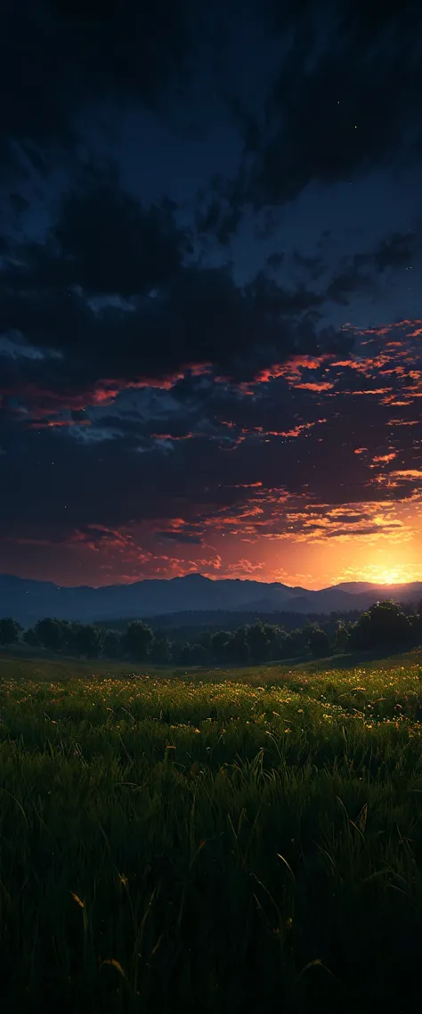 {{Masterpiece, Best Quality, Extremely detailed CG, unity wallpaper 8k, cinematic lighting}}, dark sky, meadow during sunset