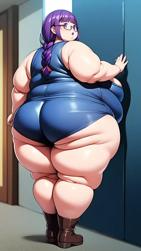 Anime Women, Adult female、Detailed face、amount、amount、Braided Pigtails、Purple Hair、Long Hair、Glasses、Sharp eyes、Thick lips、Purple Lipstick、Painted lips、Very fat、Chubby、obesity、obesity体、Double chin、Cheek、Thick neck、Big Breasts、Saggy breasts、Thick upper arms...