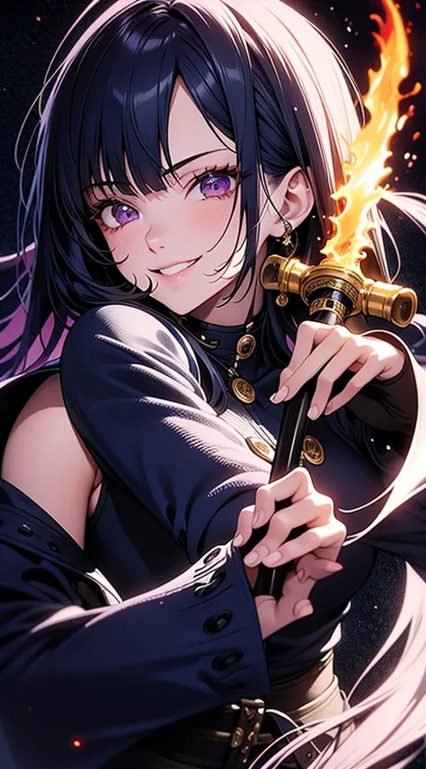 better hands, better fingers, ultra detailed face, perfect smile, five fingers, perfect hands holding a katana, flame blade, cabelo roxo,hashira dos insetos, respiração da borboleta 