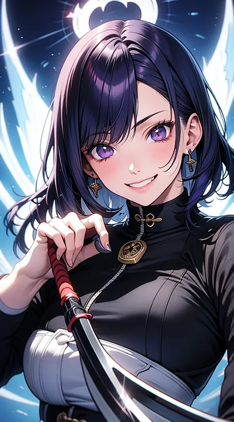 better hands, better fingers, ultra detailed face, perfect smile, five fingers, perfect hands holding a katana, flame blade, cabelo roxo,hashira dos insetos, respiração da borboleta 