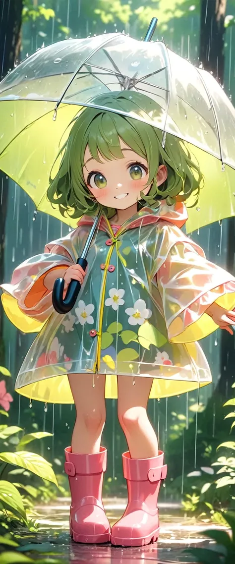 A cute little girl, Wearing a cute raincoat and rain boots, holding a cute umbrella,Playing and dancing in the rainy summer forest.Tilt your head and look at people with a smile.Close-up of character( Perfect anatomical structure )The whole body is perfect...