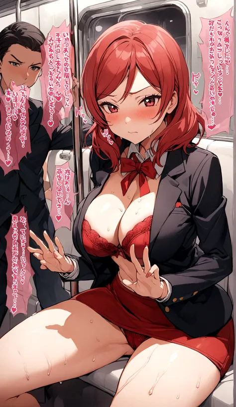 Maki Nishikino、lovelive 、One Girl, crowded train、crowd、on the train、crowdにエッチされる、Five Fingers, mini skirt, Being petted、Highest quality, Displeased face, blazer, blouse,Red bra、 Red panties, Her thighs and groin are wet with love juice. 、crowd、Big 、Big Ass...