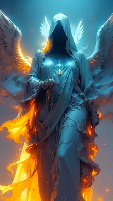 Impressive illustration of an angel,His presence is enigmatic and powerful, With huge wings stretching towards the horizon、She has a bright gaze that conveys energy.。. He uses smiling tones and deep shadows、It emphasizes his ethereal nature and connection ...