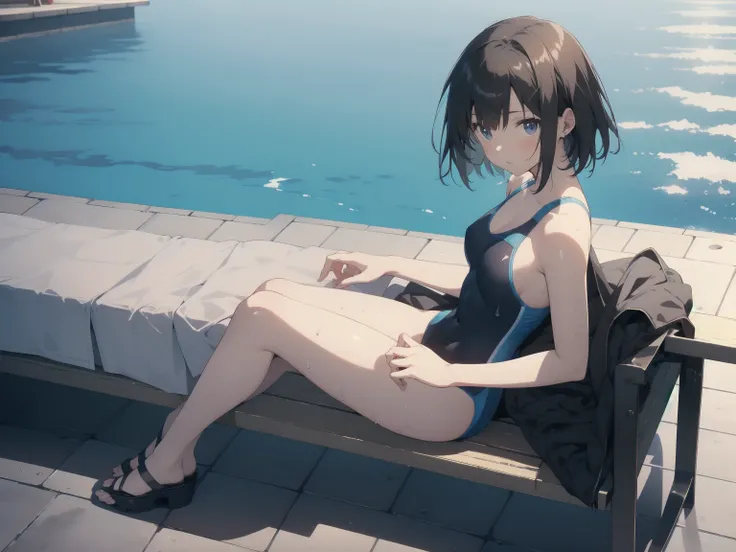 ultra-Top-quality by art God, ultra-detailed, high resolution, shinkai makoto style, anime moe artstyle, best anime 8k konachan wallpaper, pixiv contest winner, perfect anatomy, break,(Please draw a picture of a girl in a swimsuit sitting on a bench by the...