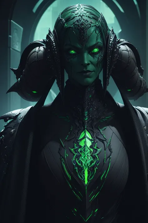 a monstrous green skinned alien witch, dark and necrotic skin, futuristic and cyberpunk accessories, (best quality,4k,8k,highres,masterpiece:1.2),ultra-detailed,(realistic,photorealistic,photo-realistic:1.37),hyper detailed, intricate details, extreme deta...