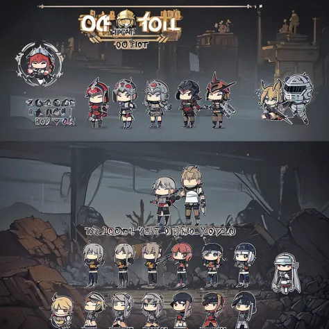 ((((Chibi Character、Character Sheet、10 people))))、Highest quality, Best Quality,Best illustrations、(((Iron Helmet))),Medieval Armor、Medieval Knight、Full grey armor、(((20-year-old male)))、Dramatic Angle、(battle)、battlefield、Grab the sword、wasteland、(Fightin...