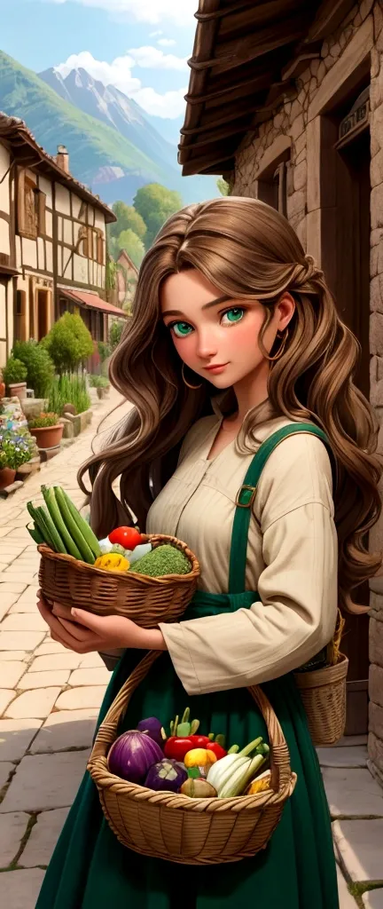 good quality:1.2), (Ultradetailed:1.2), (ultradetailed face:1.2), (ultradetailed body:1.2) In the picturesque village, Elara, a  human woman with long, wavy brown hair and green eyes, helps her neighbor carry a basket of vegetables, her simple, earth-toned...