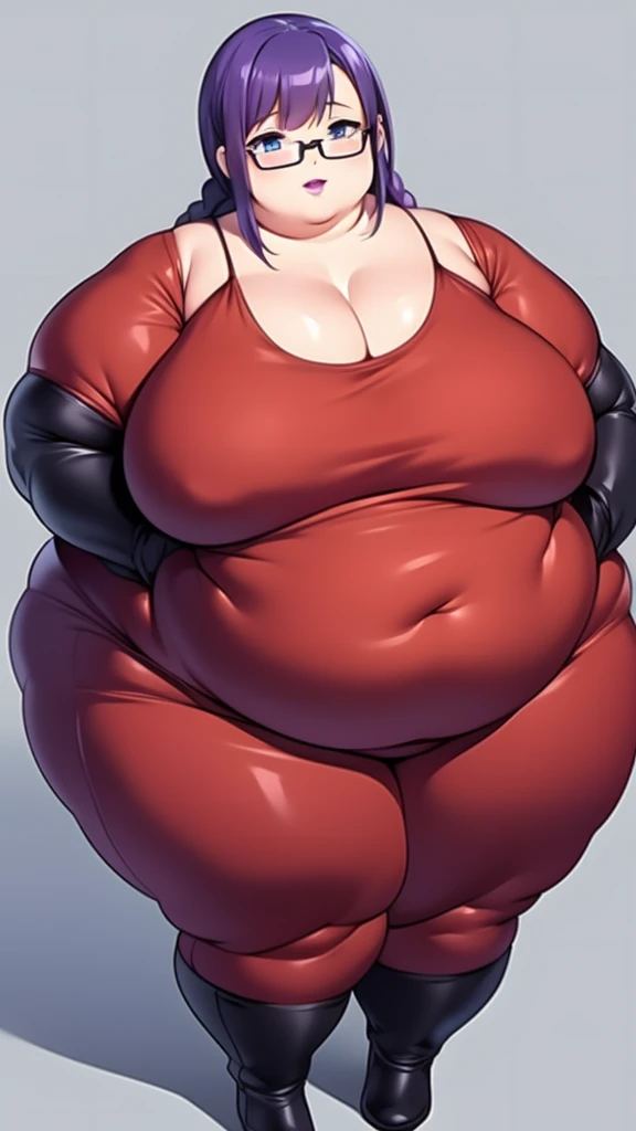 Anime Women, Adult female、Detailed face、amount、amount、Braided Pigtails、Purple Hair、Long Hair、Glasses、Sharp eyes、Thick lips、Purple Lipstick、Painted lips、Very fat、Chubby、obesity、obesity体、Double chin、Cheek、Thick neck、Big Breasts、Saggy breasts、Thick upper arms...