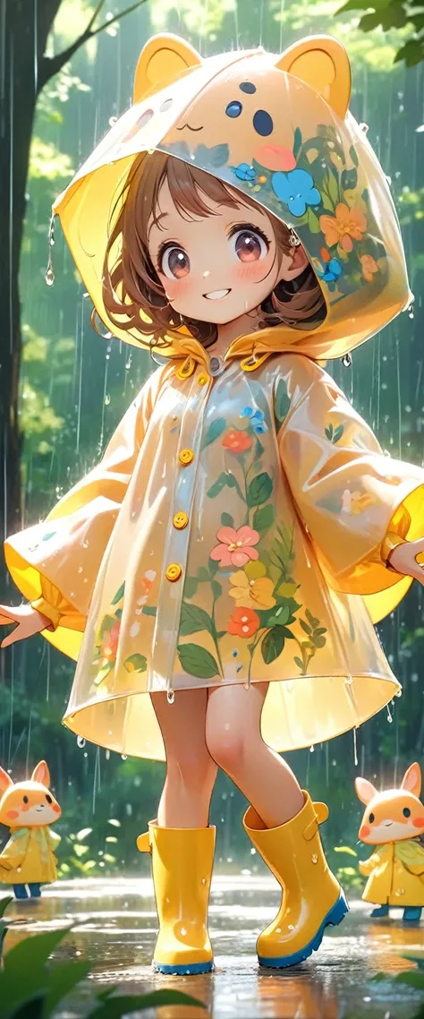 A cute little girl, Wearing cute raincoat and rain boots,Dancing in the rainy summer forest.Tilt your head and look at people with a smile.Close-up of character( Perfect anatomical structure )The whole body is perfectly presented and beautiful and the text...