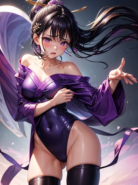 Highest quality,Highest Resolution,A crying beautiful woman in a purple kimono leotard,Black Hair,hairpin,High leg,Japanese-style room,whole body,tabi,Tears,Open your mouth and drool,Very beautiful eyes,