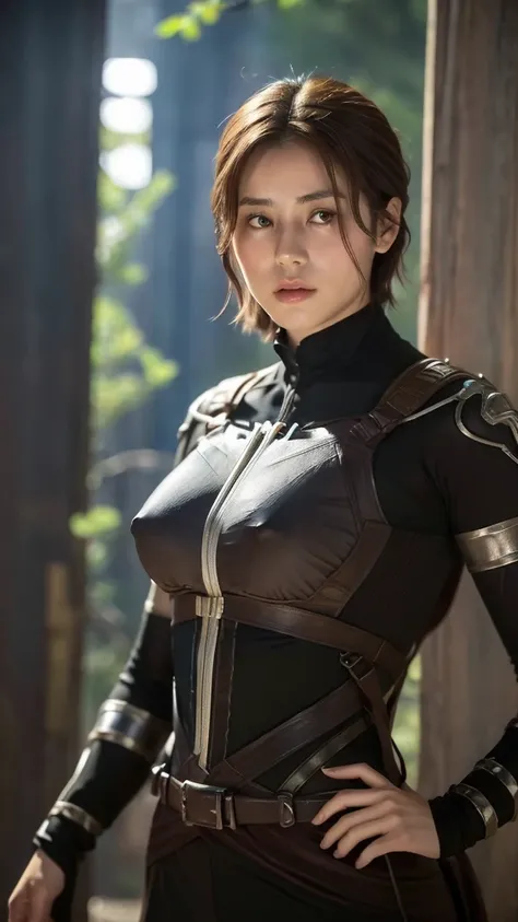 Women from Edwardian age,make hair brown, eyes color Havel Skin pale 
, Survey Corps bodysuit ,1926 years,dark night,liberio background attack on titan, tits big normal,Titan female shifter mark long 