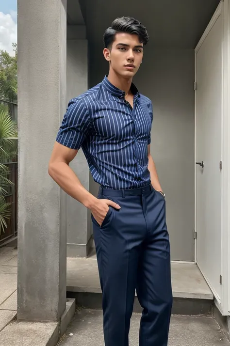 Handsome 20years old young boy, with realistce face, black short hair cut, fitness body, wearing a vertical stripes regular spread collar sky blue shirt and trousers, full body image,  stand up stylish pose 