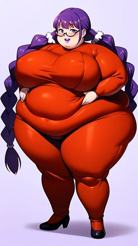 Anime Women, Adult female、Detailed face、amount、amount、Braided Pigtails、Purple Hair、Long Hair、Glasses、Sharp eyes、Thick lips、Purple Lipstick、Painted lips、Very fat、Chubby、obesity、obesity体、Double chin、Cheek、Thick neck、Big Breasts、Saggy breasts、Thick upper arms...