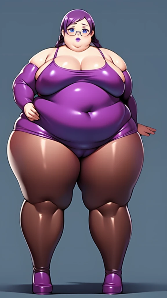 Anime Women, Adult female、Detailed face、amount、amount、Braided Pigtails、Purple Hair、Long Hair、Glasses、Sharp eyes、Thick lips、Purple Lipstick、Painted lips、Very fat、Chubby、obesity、obesity体、Double chin、Cheek、Thick neck、Big Breasts、Saggy breasts、Thick upper arms...