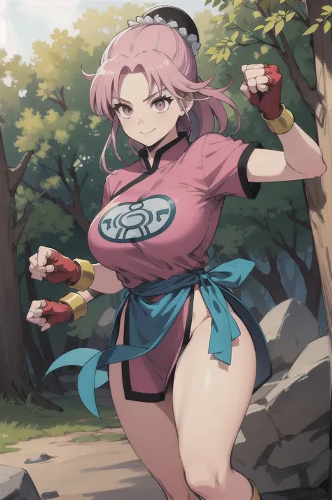 maam,big breasts,beautifuleyes,narrow waist,realistic,solo,outdoor,forest, martialMaam,pink hair,hair bun,long hair,china dress,short sleeves,sash,fingerless gloves,beautiful legs, smile, clenched fists, action pose,:1.1), lady, dragon quest